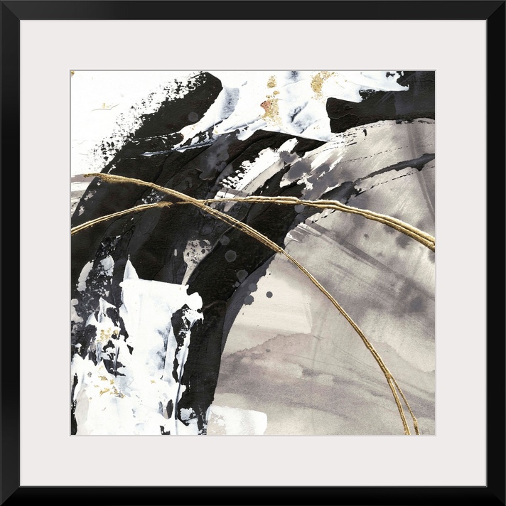 Large abstract painting of various brush strokes of gray, black and white with gold line accents.