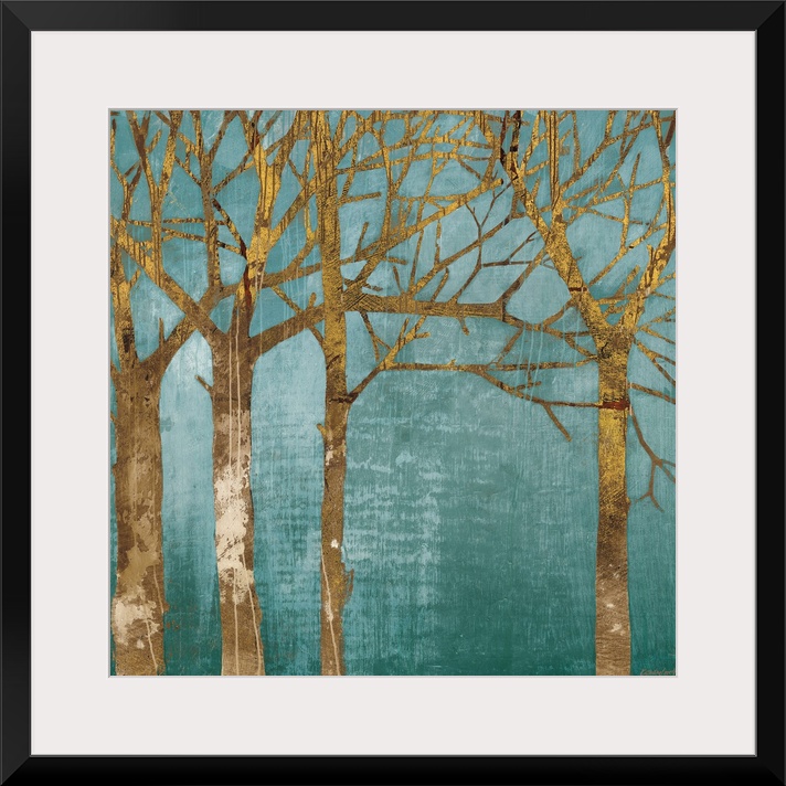 Silhouettes of painted trees over a contrasting flat background in this square decorative art.