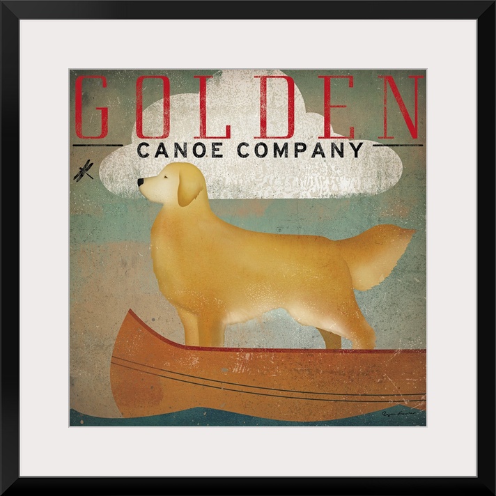 Retro-style artwork of a golden retriever dog standing in a canoe under a single cloud, looking at a small dragonfly.