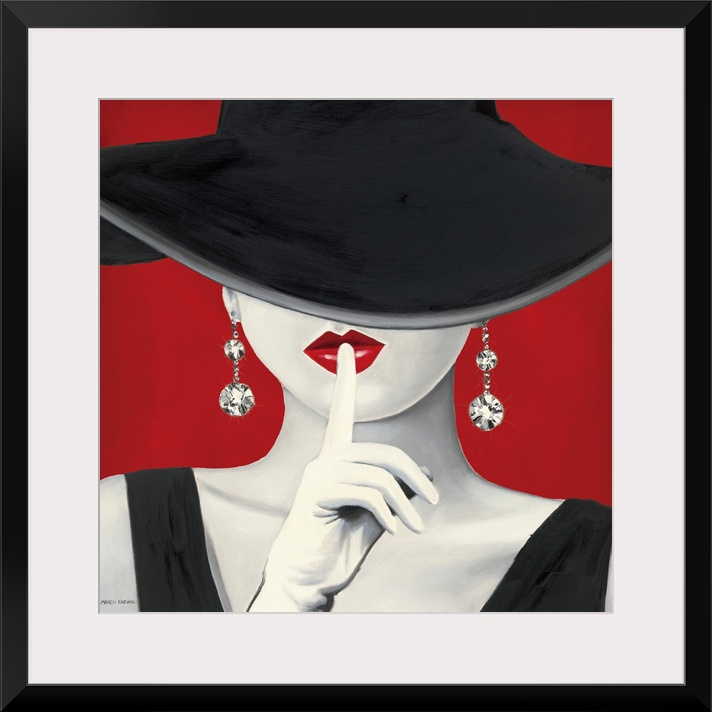 A square painting of a stylish woman in a black dress, her face obstructed by a black hat, white gloves and massive diamon...