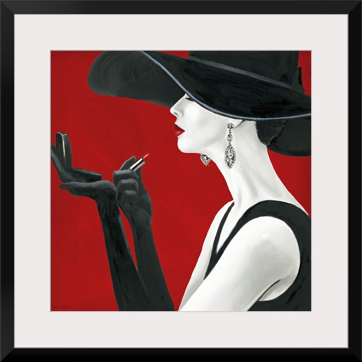 A square painting of a pale woman in profile wearing a black dress, an enormous hat, and elbow length gloves applying lips...