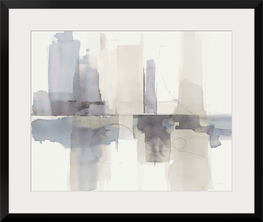 Abstract gray, purple, and cream watercolor painting that resembles a skyline with a reflection.