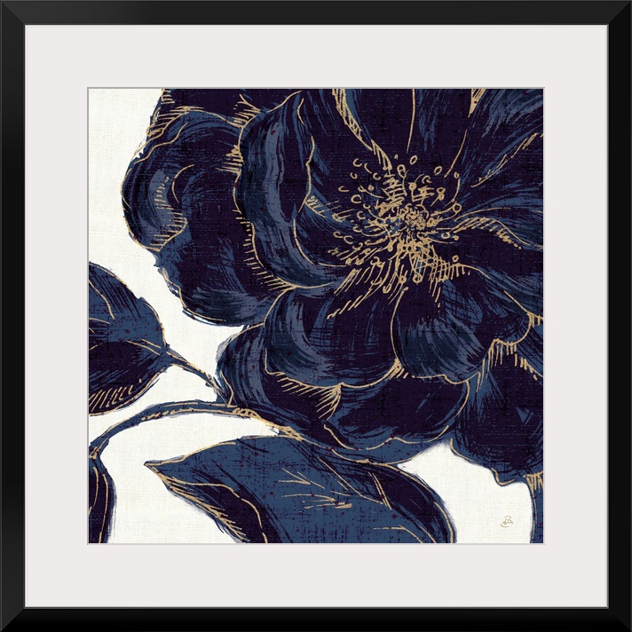 Deep blue flowers against a beige background.