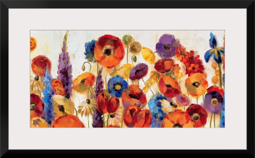 A large canvas still life of a variety of vividly colored flowers for home art docor.