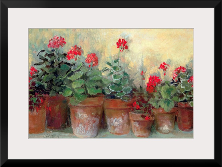 Painting of a row of flower pots varying in size.  Each flower pot contains bold colored flowers and greenery.