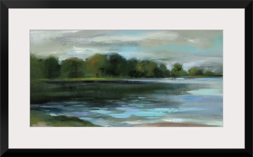 Contemporary landscape painting of a lakeside lined with trees.