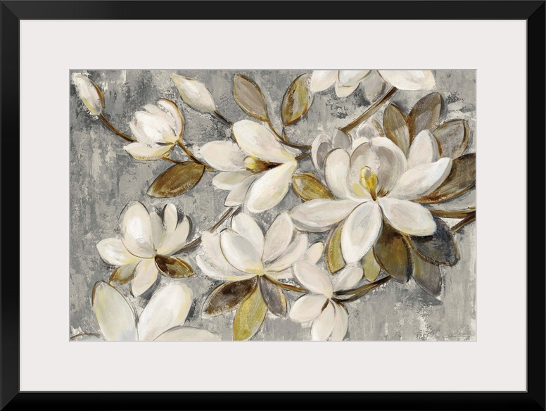 Contemporary painting of magnolia flowers on a textured gray and cream colored background.