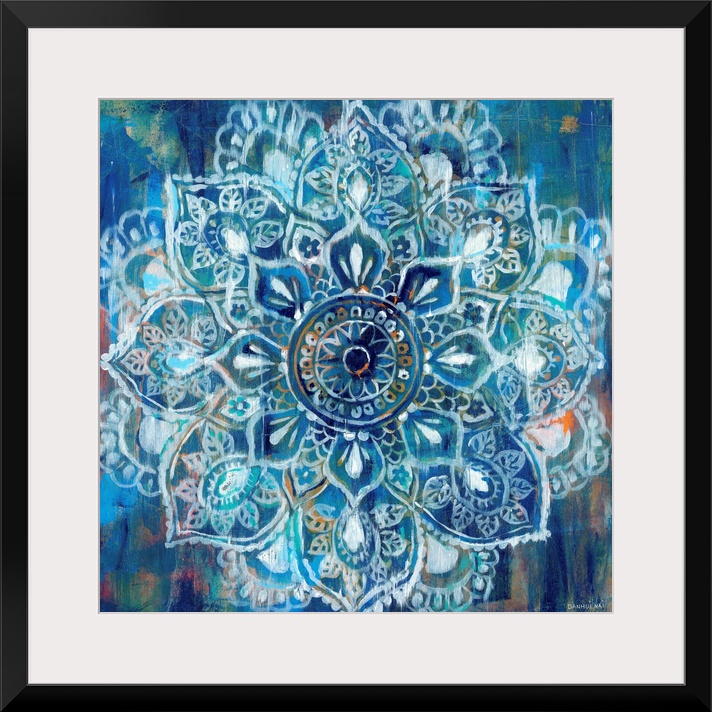 Contemporary artwork of a mandala using predominantly blue.