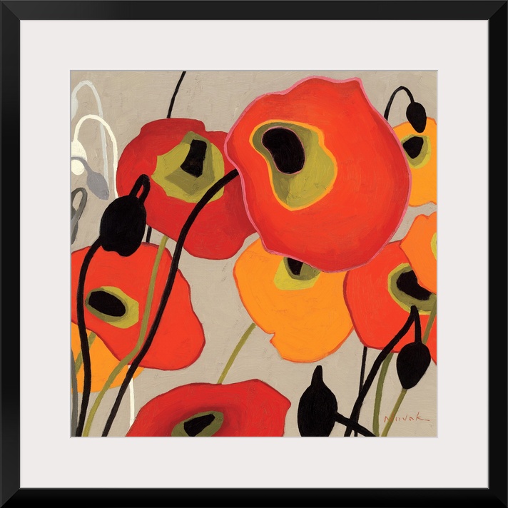 This contemporary abstract painting showcases simplified poppies painted with flat colors over a neutral background.