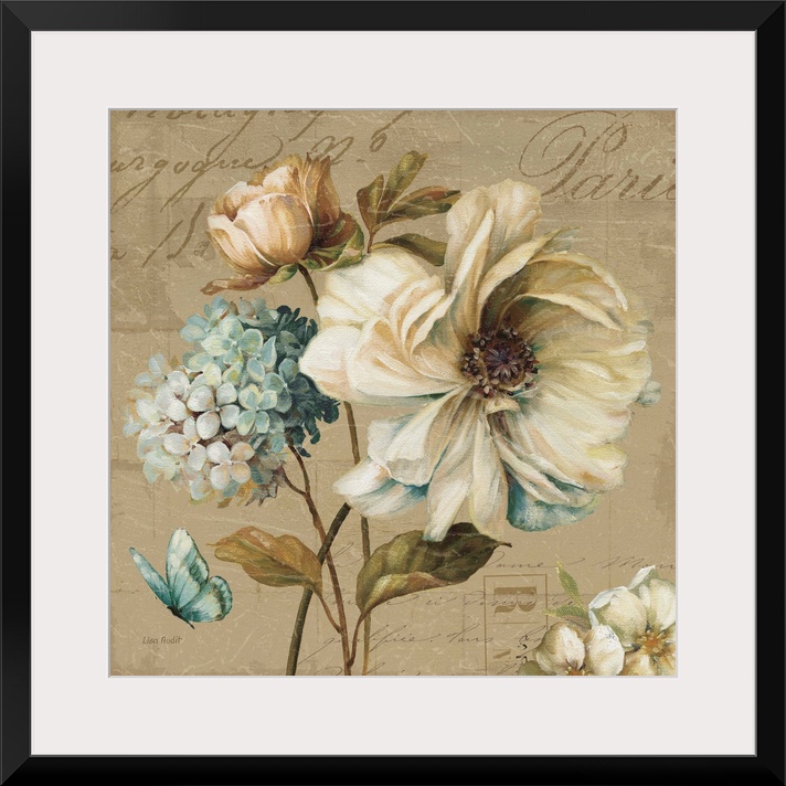 Contemporary artwork of flowers against a with text.