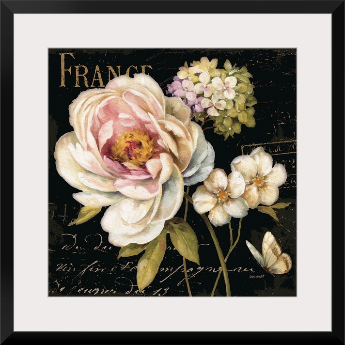 Painting of floral bouquet with fancy script text in background.