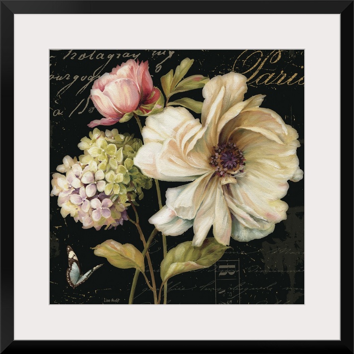 Contemporary artwork of flowers against a text background.