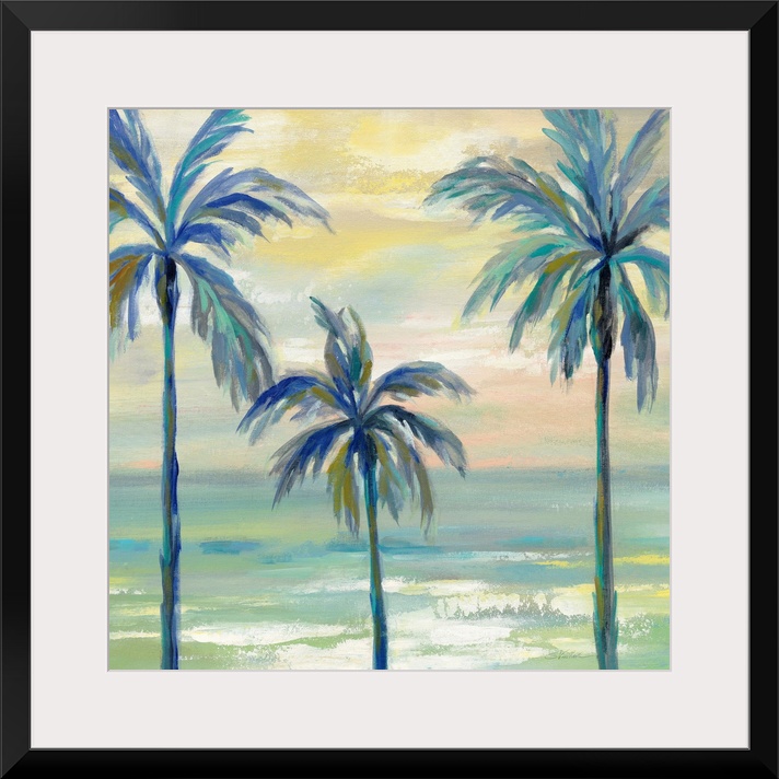 Contemporary painting of three palm trees in cool tones with the ocean in the background and a sunset above.