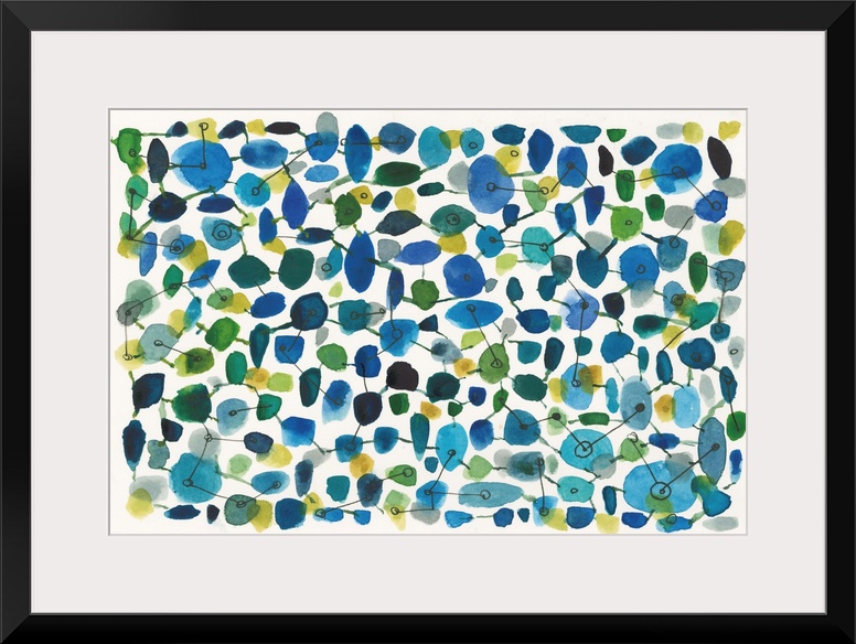 Contemporary painting of a series of shapes connected by lines, resembling flowers and vines.