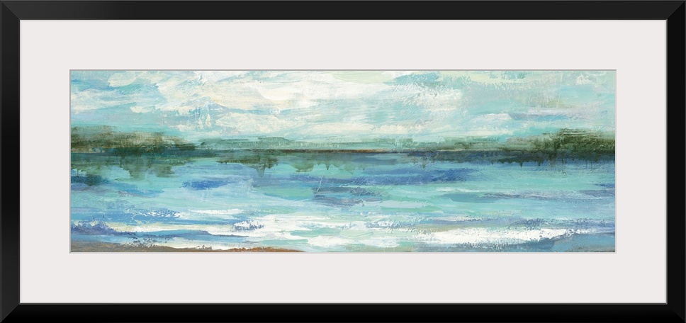 Contemporary landscape painting of a lake scene.