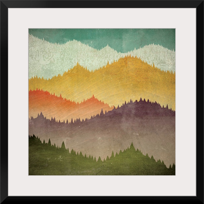 Contemporary artwork of colorful mountain peak silhouettes.