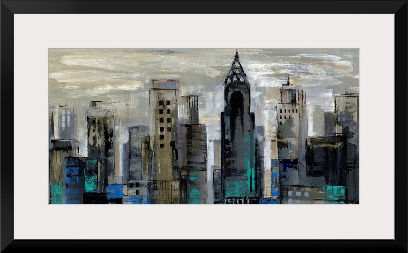 A wide cityscape painting of New York City in abstract; the buildings were created in fast, dark brush strokes to contrast...