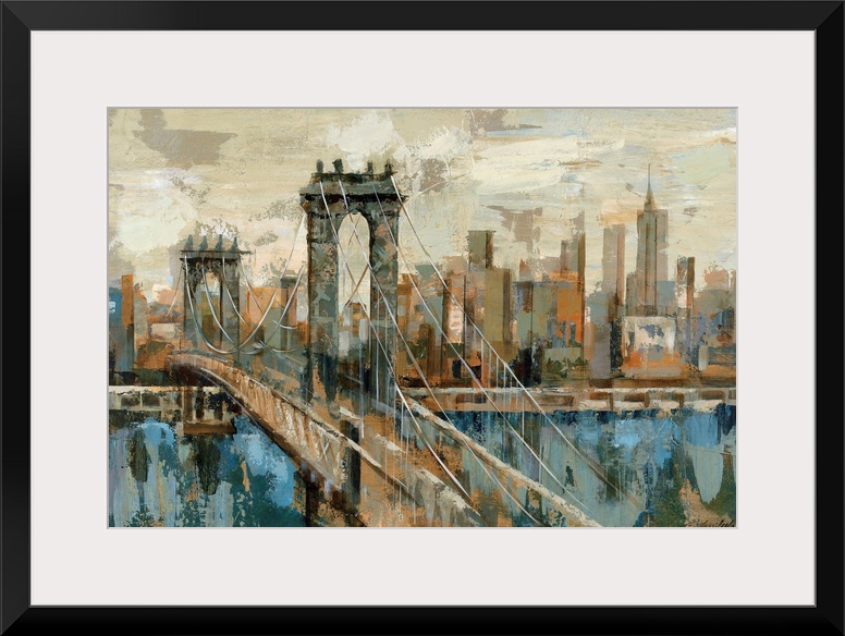 A contemporary painting of the New York City and a suspension bridge seen from an opposite shore created with blocky shape...