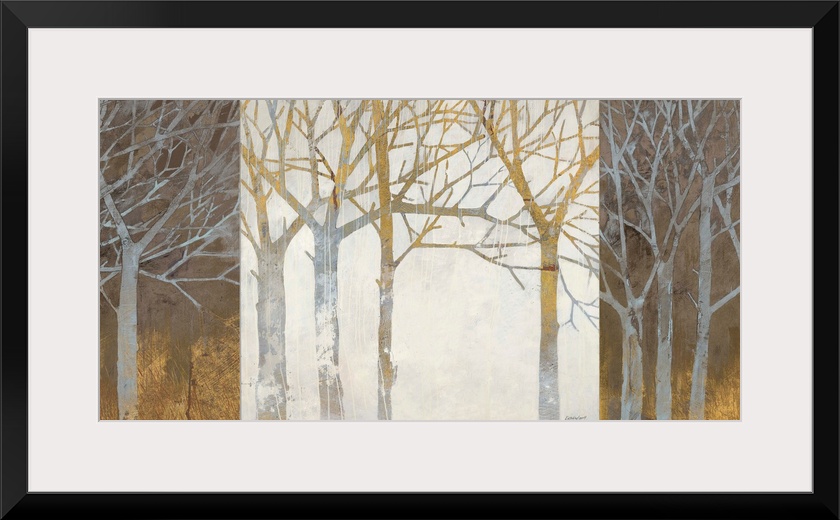 A panoramic shaped contemporary painting of a grove of silhouetted threes against a contrasting background divided into th...