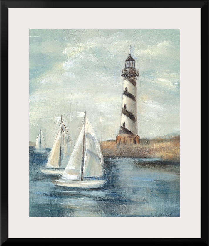 Contemporary painting of an idyllic coastal scene, with a lighthouse in the background and sailboats in the foreground.