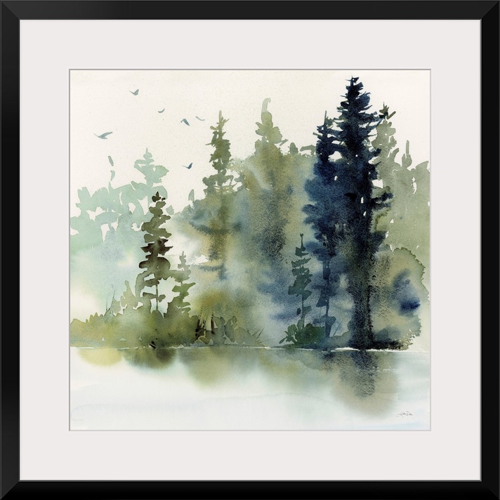 An abstracted contemporary watercolor painting of tall evergreen trees in a misty forest with a lake in the foreground