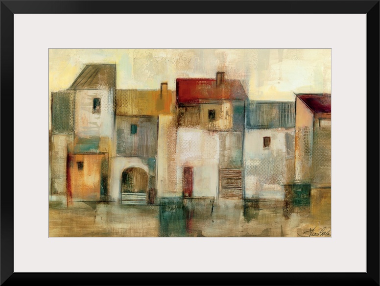 Oversized wall art for the home or office this is a painting with neutral color palette of abstract houses in a row.