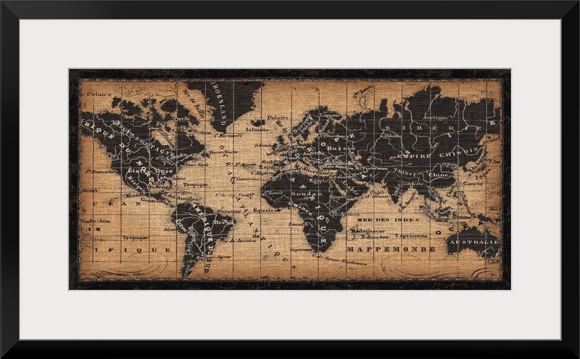 This artwork has been designed to look like an antique map with French names and a burlap fabric texture applied to the im...