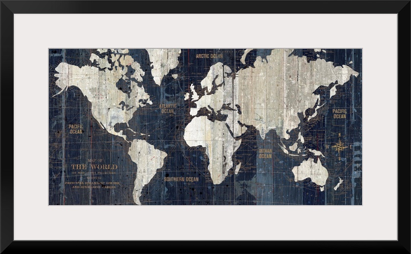 A decorative map of six contents with labels of islands and shipping lanes in the ocean; this horizontal art work uses ver...