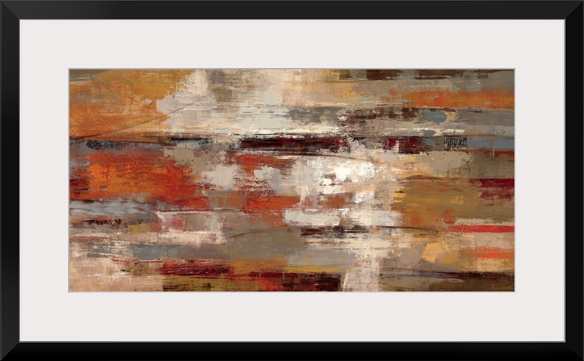 This horizontal abstract painting has a strong sense of motion from left to right and a rusty, earth tone color palette.