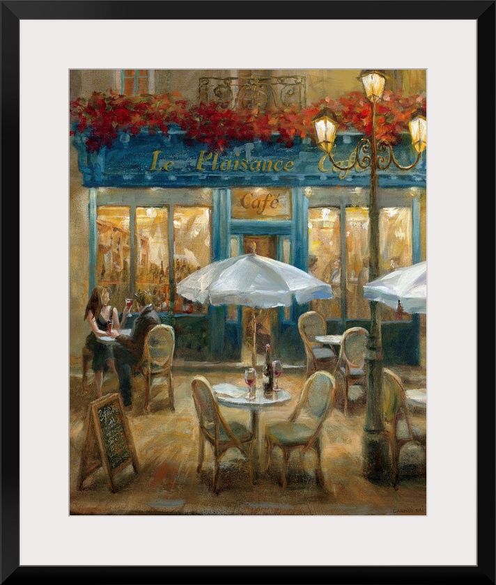 Painting of tables and chairs outside of a street cafo at night with flowerbox over front door entrance.