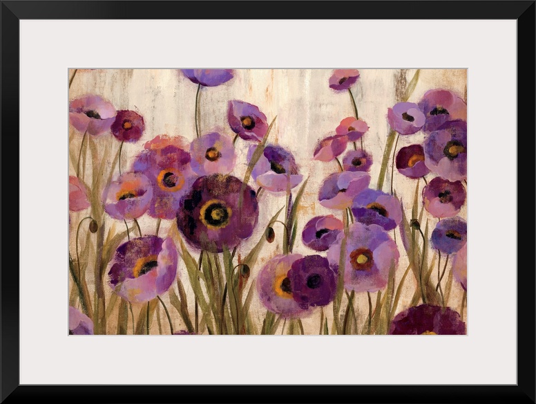Big contemporary art depicts a garden filled with poppy flowers.  Artist uses an abundance of vertical lines and circles t...