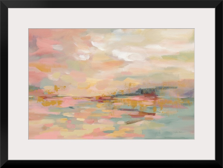 Contemporary artwork of colorful horizontal brush strokes with distressed sections throughout.
