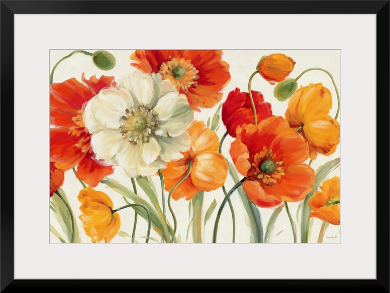 Huge floral art shows a vibrant arrangement of flowers and buds positioned in front of a blank background.