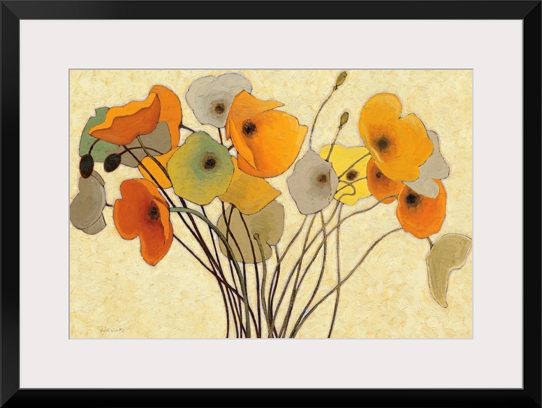 Horizontal fine art painting of a bouquet of poppies in golden colors, on a lighter, neutral, brush stroked background.