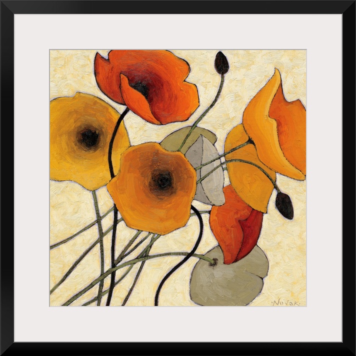 Big contemporary art showcases a close-up of nine flowers using earth tones against a bare background.