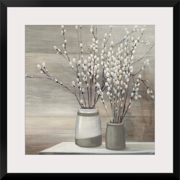 Still life painting of pussy willow plants arranged in gray and white vases on a table.
