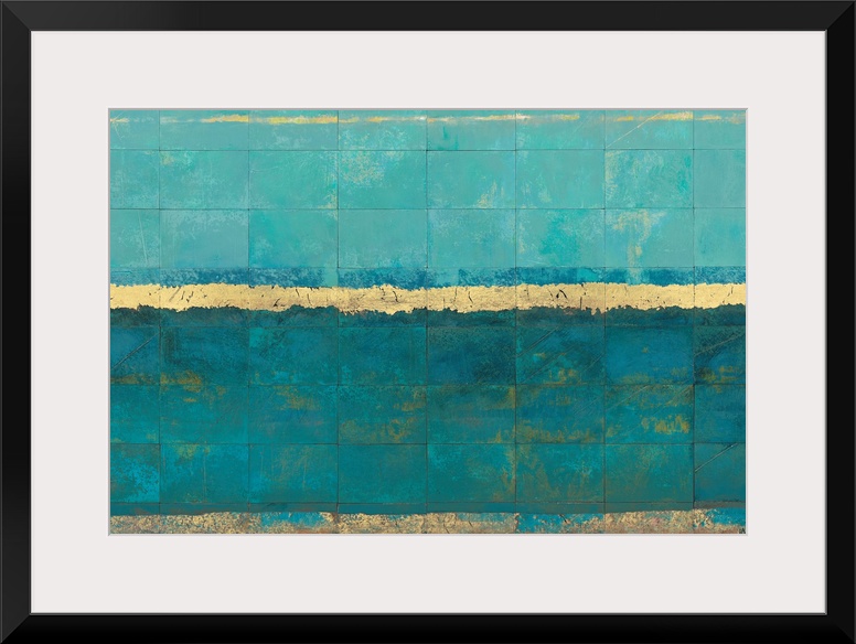 Abstract painting of square tiles with horizontal bands of color.