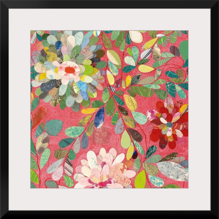 Contemporary artwork of multi-colored flowers against a pale red background.