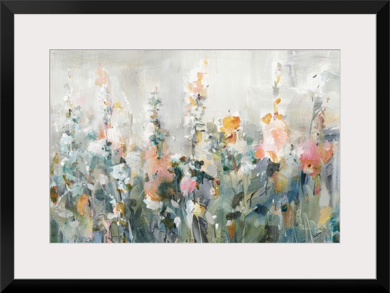 An asbtract floral painting in a contemporary style, featuring tall blooms in shades of peach and orange interspersed with...