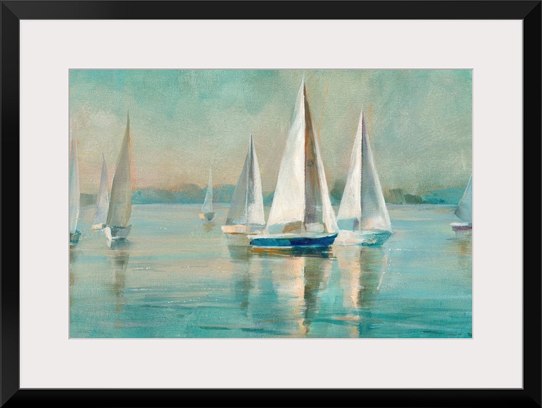 Contemporary painting of sailboats on crystal blue waters.