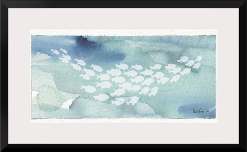Watercolor painting of a school of fish against a light blue background.