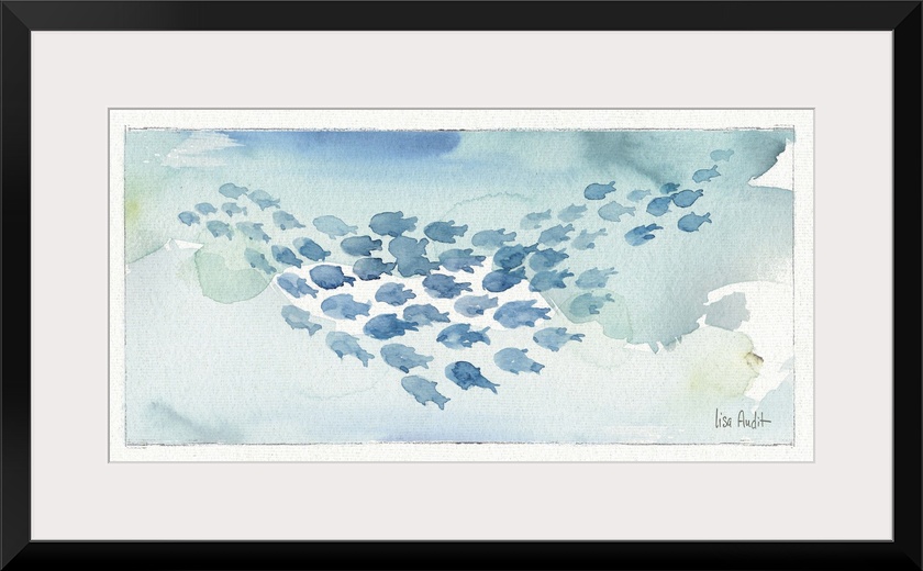 Watercolor painting of a school of fish against a light blue background.