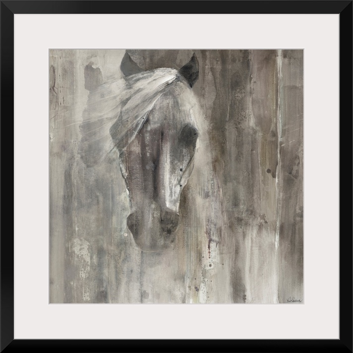 Contemporary painting of a horse's face and mane in shades of grey.