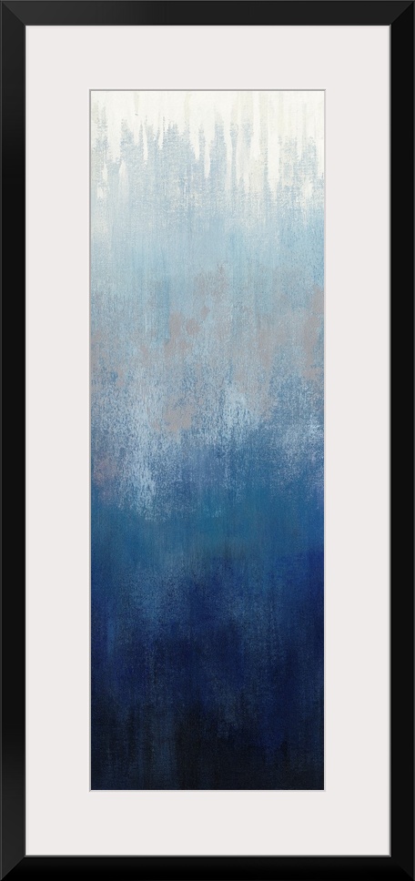 Abstract panel painting in shades of gray and blue getting darker towards the bottom.