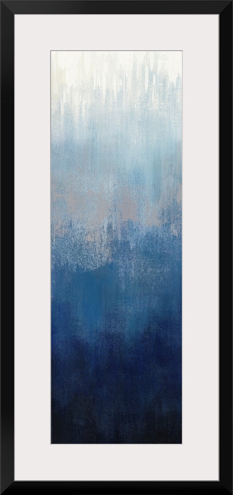 Abstract panel painting in shades of gray and blue getting darker towards the bottom.