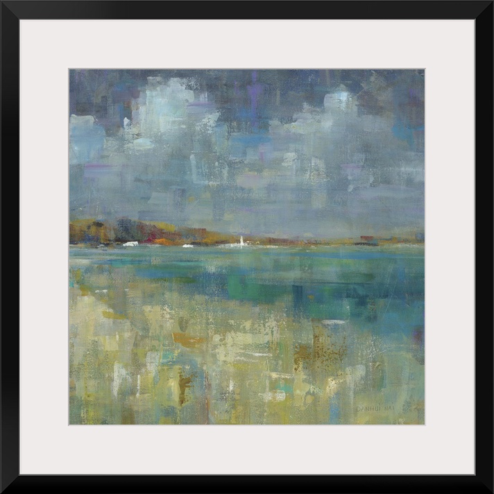 Square abstract painting of the ocean and seashore made with short and small brushstrokes of color.