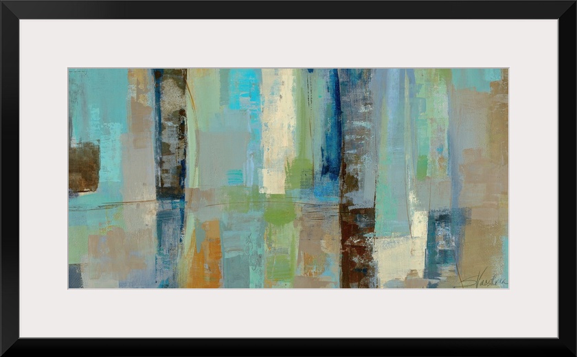 Large abstract canvas art incorporates lots of rectangles, squares and mellow tones with rough edges.