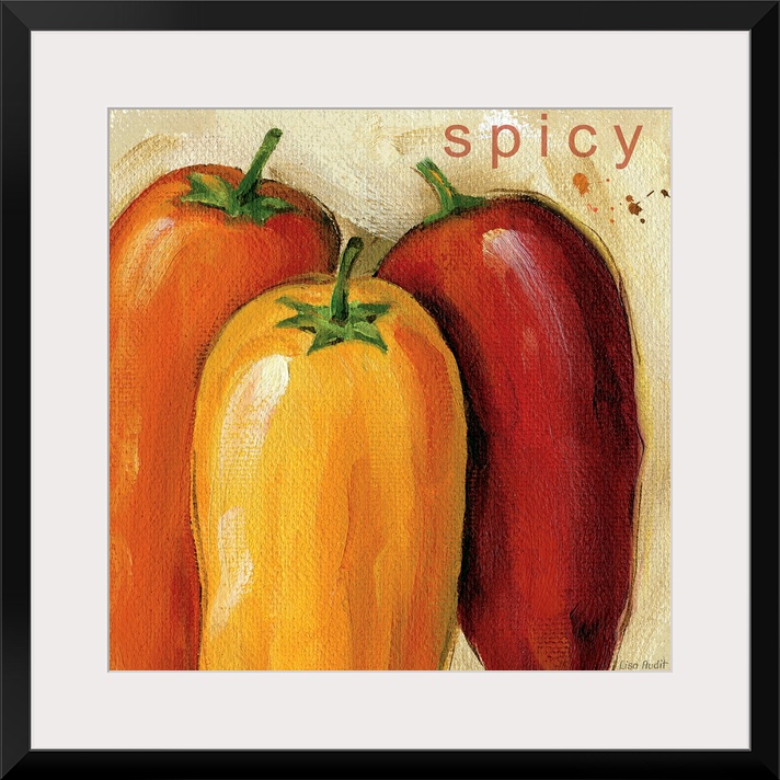 Painting on canvas of different colored peppers with smooth brush strokes.