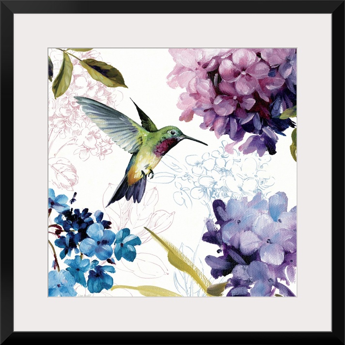 Home docor painting of a hummingbird in flight surrounded by hydrangea flower blooms.