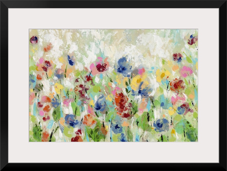 Decorative artwork of whimsical abstract florals in bright colors.